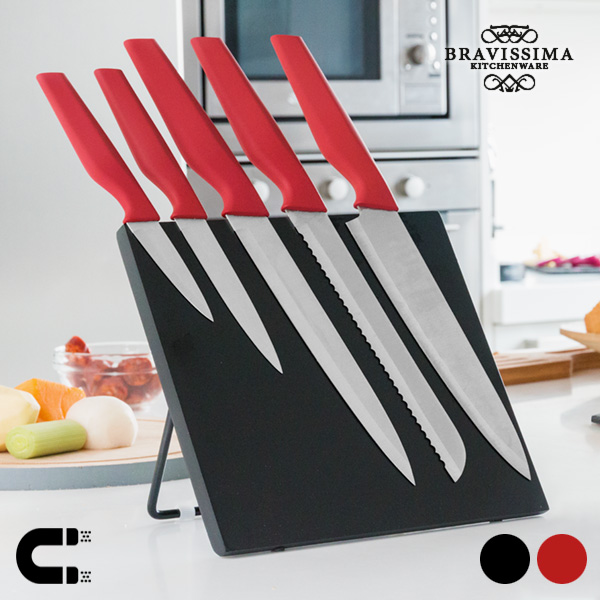 Nože s Magnetickým Stojanom Bravissima Kitchen (6 kusov) - Červená Nože s Magnetickým Stojanom Bravissima Kitchen (6 kusov) - Červená